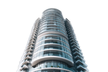 Low-angle view of a modern, curved glass and white skyscraper, showcasing numerous balconies and sleek design
