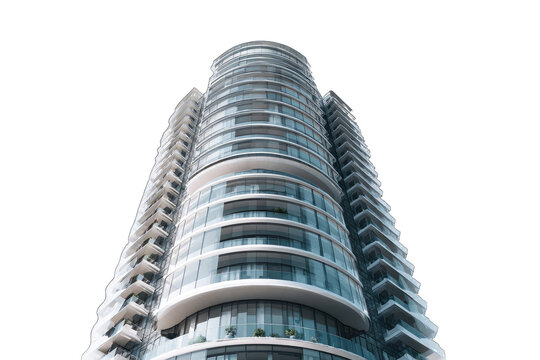 Low-angle view of a modern, curved glass and white skyscraper, showcasing numerous balconies and sleek design