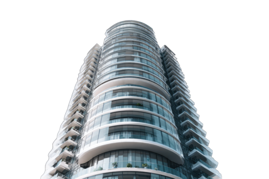 Low-angle view of a modern, curved glass and white skyscraper, showcasing numerous balconies and sleek design