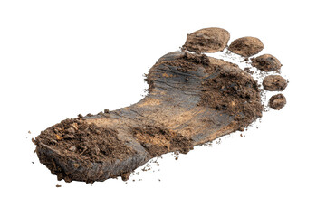 A detailed, muddy footprint, dark brown and soil-caked, showing individual toe impressions and a defined heel