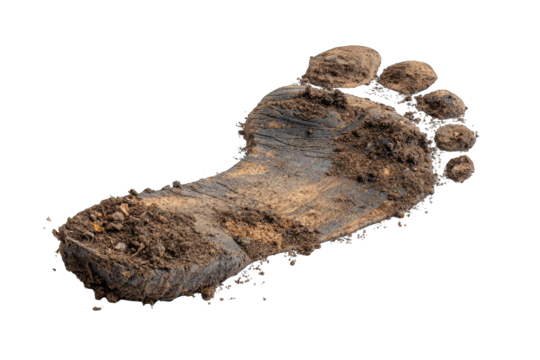 A detailed, muddy footprint, dark brown and soil-caked, showing individual toe impressions and a defined heel