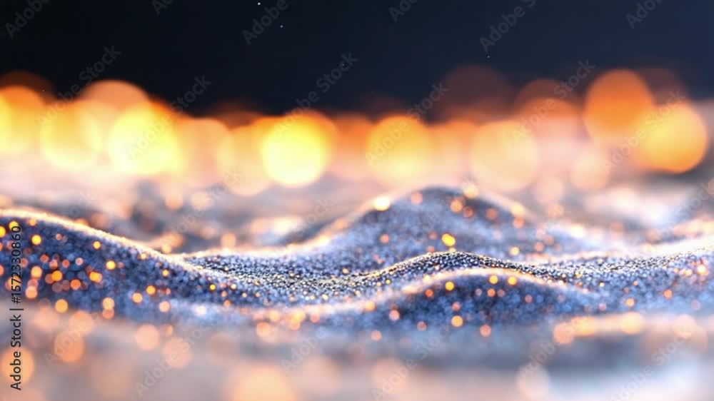 Poster glowing particle waves: abstract digital art depicting undulating waves of shimmering particles, ill
