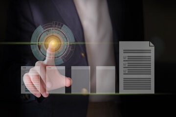 Project management tool concept. Businesspeople use laptops to manage work projects and update tasks with Gantt chart schedules to business plans and progress. Planning software.