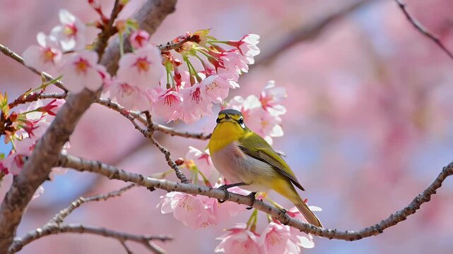 A small yellow bird perched on a cherry blossom branch