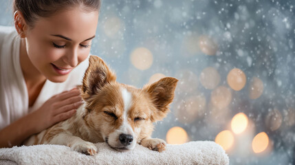 Dog enjoying relaxing massage from smiling woman during winter indoors with soft lights showing warmth therapy and animal care comfort atmosphere