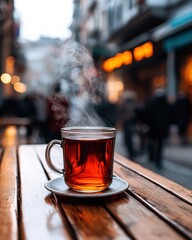 Smoke rising in soft tendrils from a steaming cup of tea on a wooden table