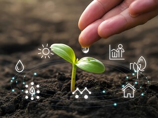Young plant growth nurturing with water and digital technology icons agriculture seedling