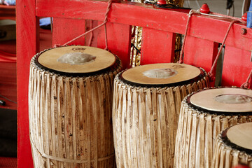 Thai musical instrument ,Gong Instrument for rhythm (select focus at drumstick) Thai old xylophone...