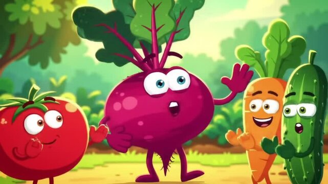 Fun Veggie Friends Cartoon Illustration of Beetroot, Carrot, Cucumber, and Tomato
