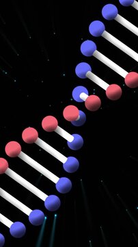 Animation of dna strand spinning over glowing blue particles in universe