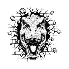 T-Rex Crashing Wall, Dinosaur Head Roaring, Jurassic Monster Vector, Black and White Dino Illustration

