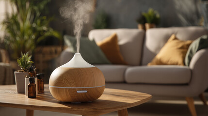 Aromatherapy diffuser and essential oil bottles on wooden table in warm living space with sunlight and plants