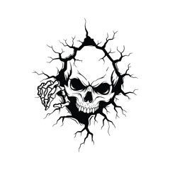 Creepy Skull Cracking Wall, Horror Skeleton Clipart, Halloween Skull Vector, Spooky Skull Silhouette