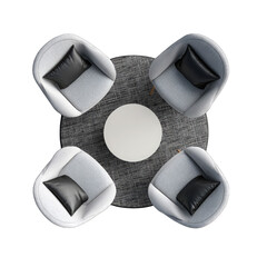 Overhead view of four light grey upholstered armchairs with dark grey cushions surrounding a small round table on a dark grey rug