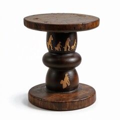 African Ashanti stool with brass inlay figures, isolated on white background, copy space
