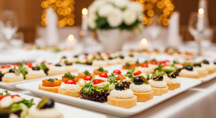 Elegant gourmet appetizer buffet with assorted canapes, fresh vegetables, creamy spreads, and decorative garnishes for festive catered event celebration
