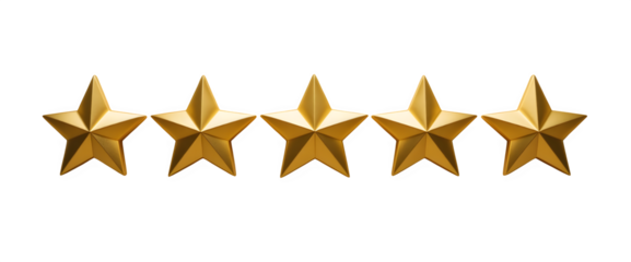 Five golden stars arranged in a row isolated on transparent background