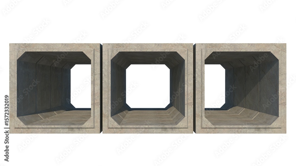 Fototapete 3D isometric image of three 200cm x 200cm x 120cm gray concrete box culverts extending into the distance, set against a white set, defining precast drainage components ready for technical installation