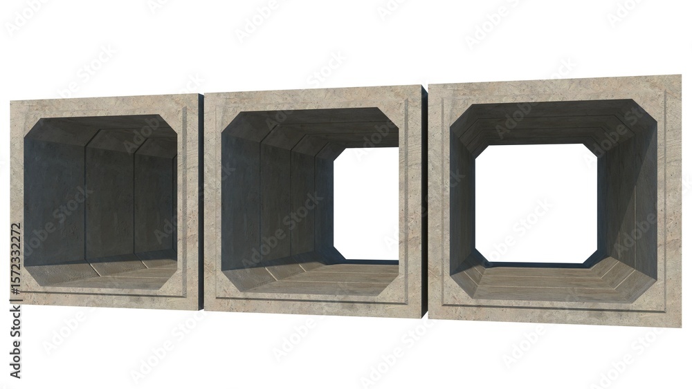 Fototapete 3D isometric image of three 200cm x 200cm x 120cm gray concrete box culverts extending into the distance, set against a white set, defining precast drainage components ready for technical installation