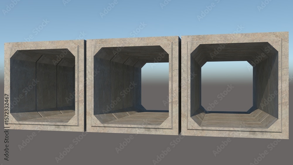 Poster 3d isometric image of three 200cmx200cmx120cm gray concrete box culverts extending into the distance