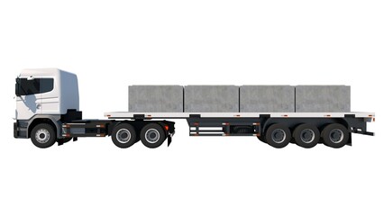 3D image depicts a white semi-truck with a flatbed trailer from the side, loaded with four 200cm x 200cm x 120cm concrete box culverts set against a white set, defining heavy material transport