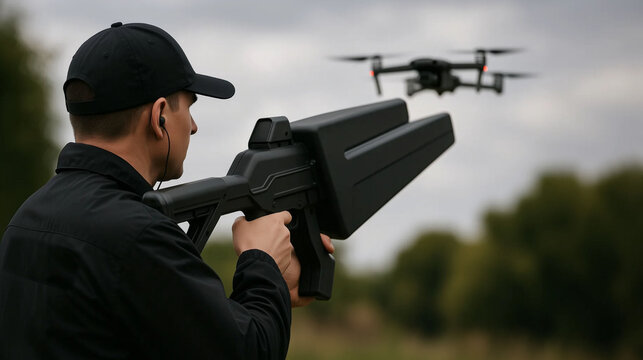 Anti drone gun operator aiming at flying drone in outdoor environment for security surveillance defense and airspace protection