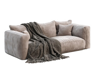 A beige fabric sofa with plush cushions, a dark gray throw blanket draped over one arm, sits against a black background
