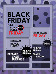 Black Friday Sale Promotion with Multiple Discount Offers and Purple Background for Advertising and Marketing Campaigns