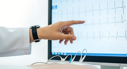 Doctor pointing at ECG monitor displaying heart rate data