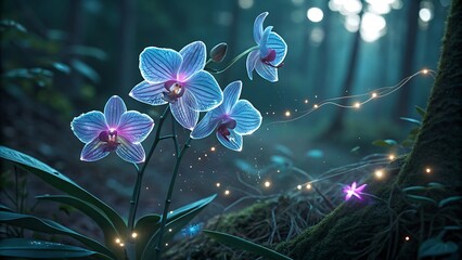 Ethereal blue orchids glowing in a mystical forest glowing flowers fairy lights