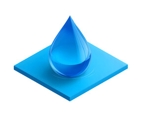 A clean, transparent raindrop rests elegantly on a blue surface against a stark black backdrop, ideal for water conservation awareness, transparent background