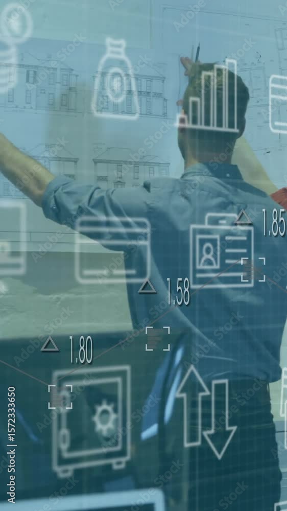 Aufkleber animation of multiple icons over diverse architects analyzing blueprint in office