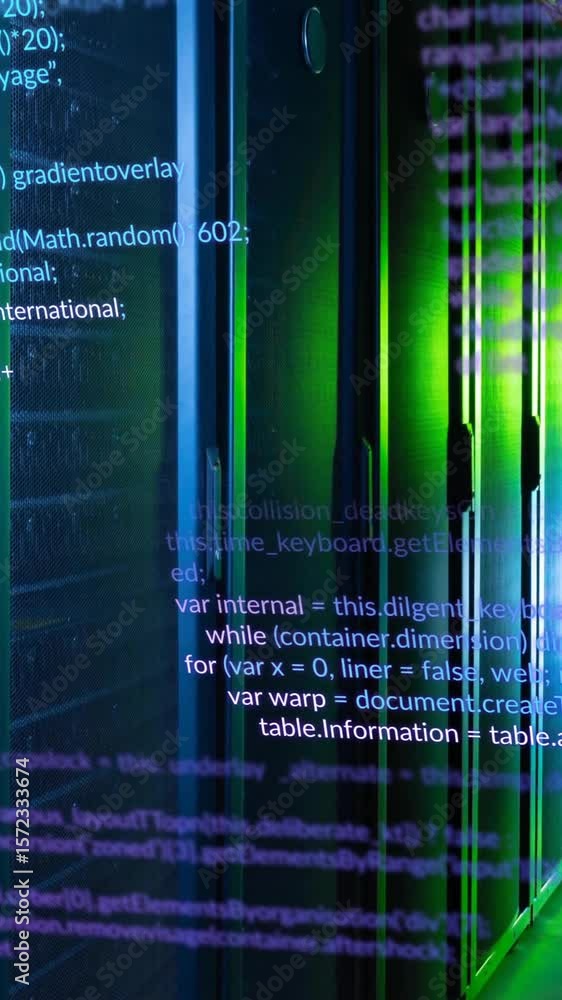Poster animation of multicolored computer programming language over data server room