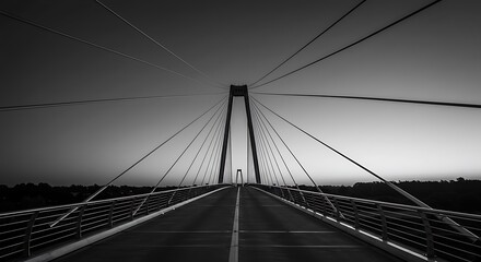 Naklejka premium Suspension Bridge in Black and White Leading to Horizon