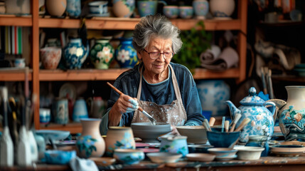 Senior woman painting pottery at home art studio showing concentration creativity and traditional ceramic craftsmanship