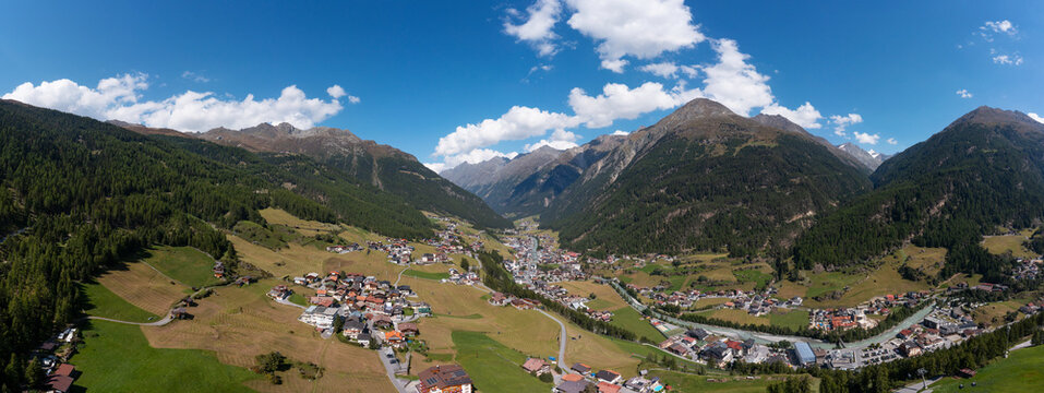 Austria, Tyrol, Solden, Drone view of town in Otztal valley during summer