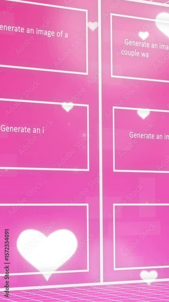 Poster animation of texts, pictures in rectangle with falling heart shapes and binary codes in background