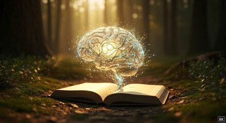 Vibrant glowing human brain emerging from an ancient open book set in a serene sunlit forest, depicting the power of knowledge, learning, and inspiration found in reading