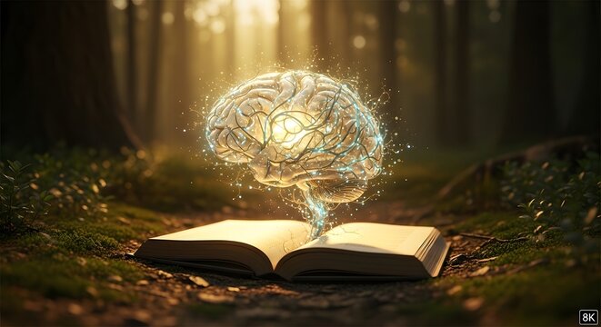 Vibrant glowing human brain emerging from an ancient open book set in a serene sunlit forest, depicting the power of knowledge, learning, and inspiration found in reading