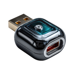 Mini wireless USB receiver dongle, tiny black housing with silver edge, realistic scale and reflection, isolated transparent background