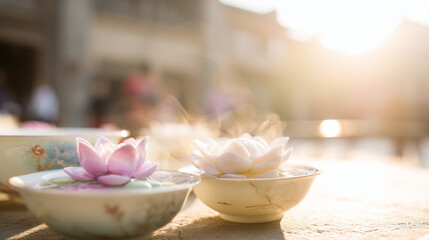 Delicate porcelain teacups with floating lotus flowers, bathed in golden sunset light for Qixi Festival.