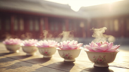 Delicate porcelain teacups with floating lotus flowers, bathed in golden sunset light for Qixi Festival.
