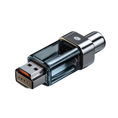 Slimline USB drive with capless push design, streamlined edges and high-sheen surface, professional lighting, isolated transparent background