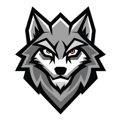 A stylized gray wolf head with striking yellow eyes stares intensely forward with fierce gaze