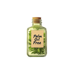 Palm oil free label on glass bottle with green leaves isolated