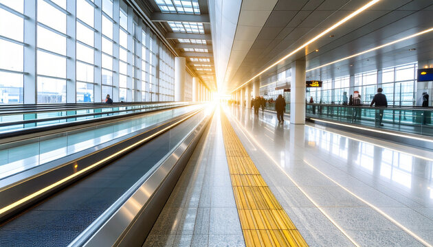 Modern airport terminal features moving walkway with motion blur, creating dynamic atmosphere. bright light at end adds sense of movement and excitement to scene