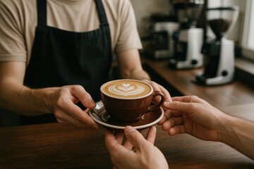 Barista serving crafted latte art.