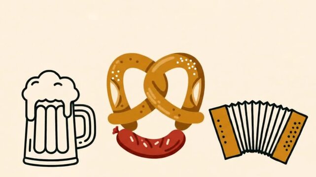 Minimalist Oktoberfest icon set beer, pretzel, sausage, hat, accordion on beige background