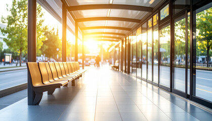Abstract blur of a serene bus station interior, featuring sleek modern design, natural tones, and soft bokeh effects. Warm sunlight creates a welcoming atmosphere, enhancing a tranquil setting