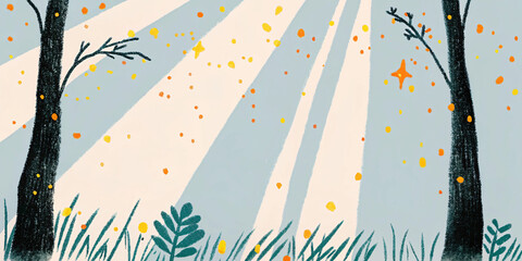 Sunbeams Through Trees with Falling Leaves A Forest Scene in Autumn Colors Digital Illustration Style